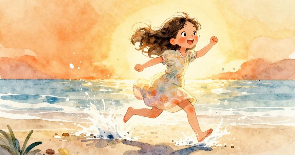 安娜在海邊充滿喜悅地奔跑，與拍打的海浪互動，流動的身影和灑落的水花展現動感與快樂。