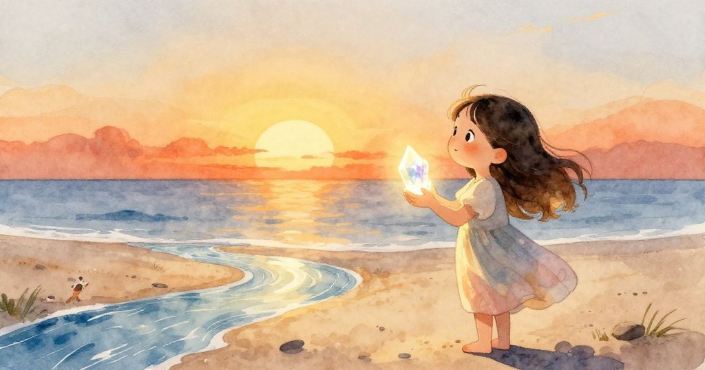 在落日餘暉下，安娜靜候海岸，手中發光的水晶與輕唱的溪流交織出一個寧靜而溫暖的完美一天。