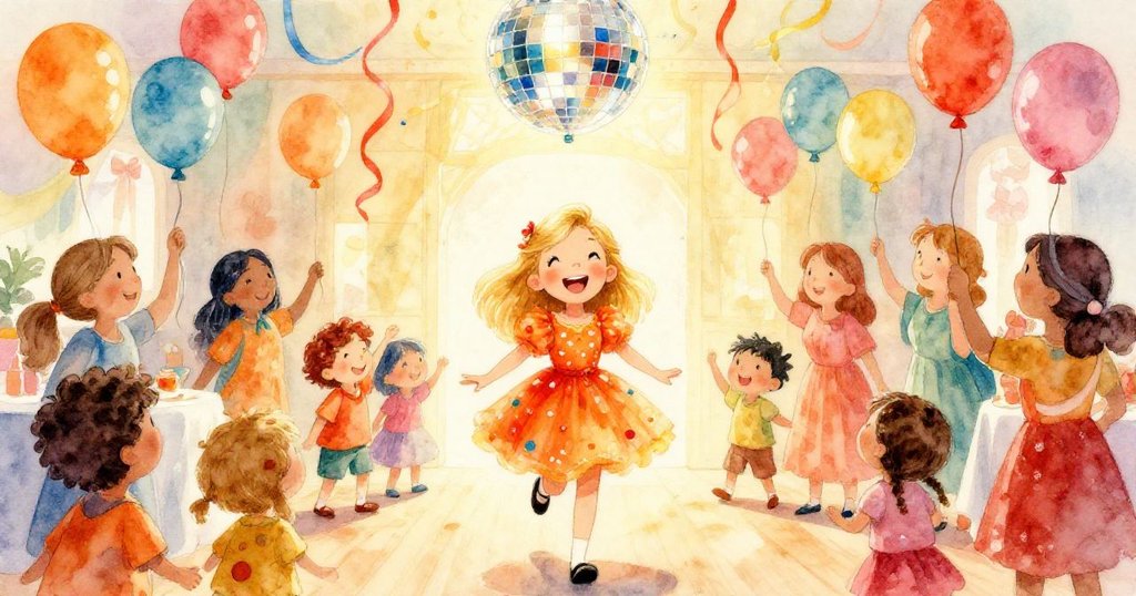 露西滿懷期待走入裝飾華麗的派對廳，金色晨光映照氣球和彩帶，鄰居和小朋友熱情互動迎接她。