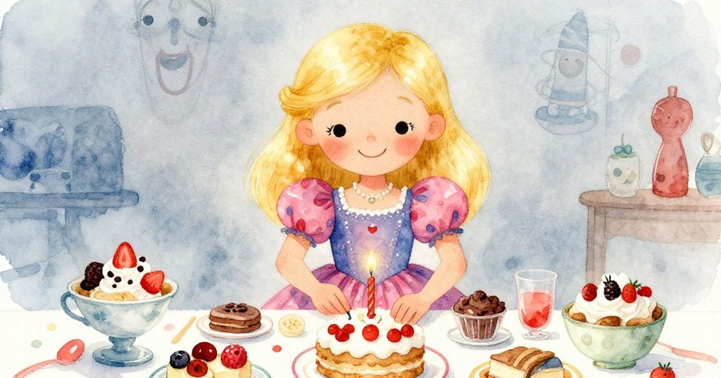 露西仔細擺放美味點心，臉上洋溢著溫暖笑容，手中輕觸每件派對小點，展現出期待與喜悅。