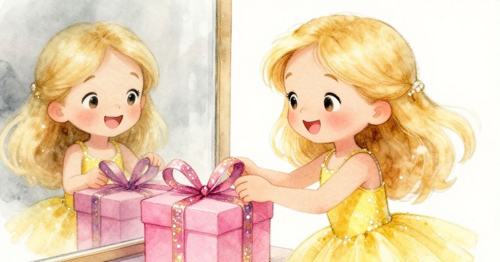 露西專注地為禮盒綁上閃爍絲帶，玻璃中映出她滿足的笑容，整個派對氛圍充滿溫馨魔法。