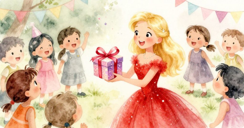 露西舉起閃亮禮盒，孩子們興奮圍觀驚喜連連，場面洋溢著神秘與熱烈的派對高潮氛圍。