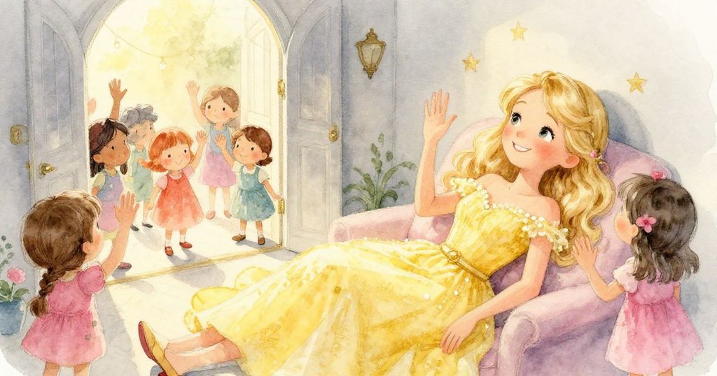 派對尾聲，露西安坐休息，朋友們在門口依依揮手送別，柔和暮光中流露著滿滿感激與幸福的情懷。