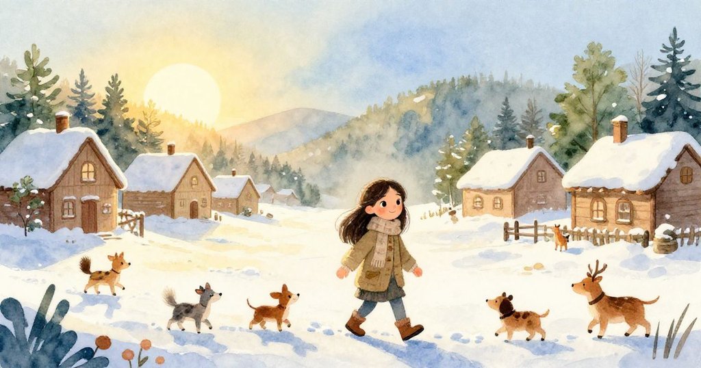 艾蓮娜在白雪覆蓋的村莊中與好奇小動物互動，晨光柔和映出冬日神秘旅程的開端，環境充滿魔法氣息。