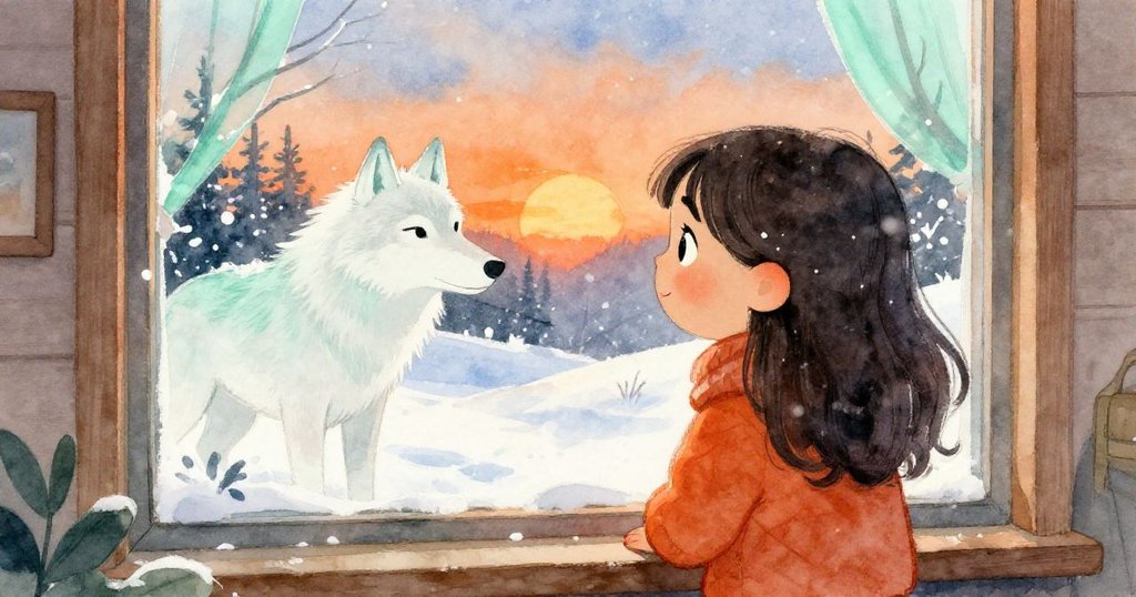 艾蓮娜從溫暖的屋內透過霜凍窗戶凝望暴風雪中悠然漫步的白狼，室內外光影對比鮮明，充滿神秘氣息。