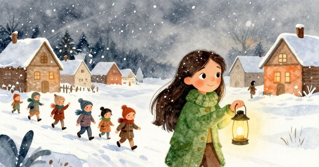 艾蓮娜在狂風暴雪中舉燈引領村民穿越密集積雪，眾人互助團結，風雪肆虐中充滿魔法般的緊迫與希望。