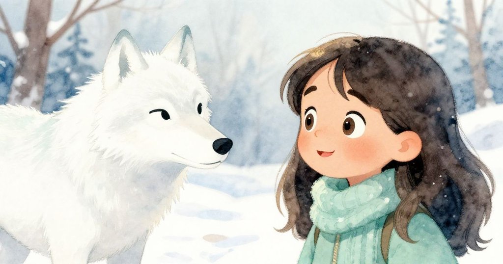 艾蓮娜驚喜地凝望遠處靜默的白狼，近鏡捕捉她充滿驚奇與希望的表情，雪景中散發著細膩魔法光芒。