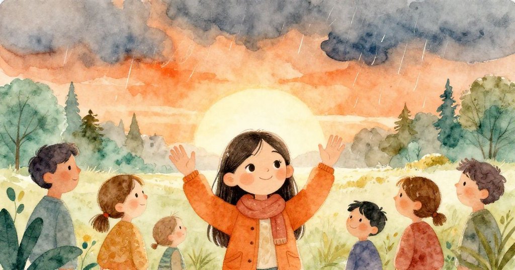 艾蓮娜與鄰居在暴風雪過後夕陽下熱情揮手道別，寧靜村莊中充滿暖心笑容與未來希望，場景溫馨動人。