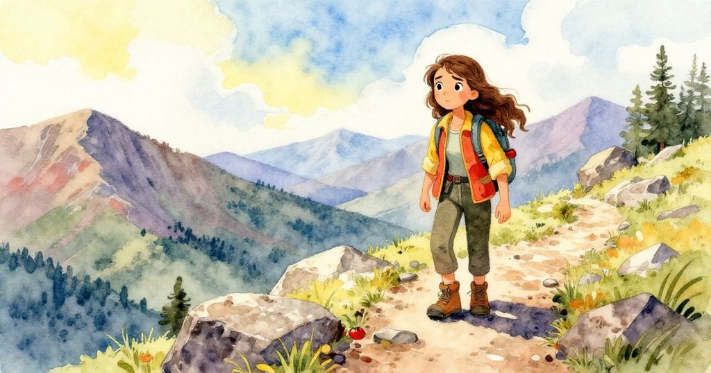 Anna 穿著亮眼登山裝在崎嶇山腳前，從高空俯視廣闊山脈，鳥兒盤旋映襯出冒險開始的激昂氛圍。