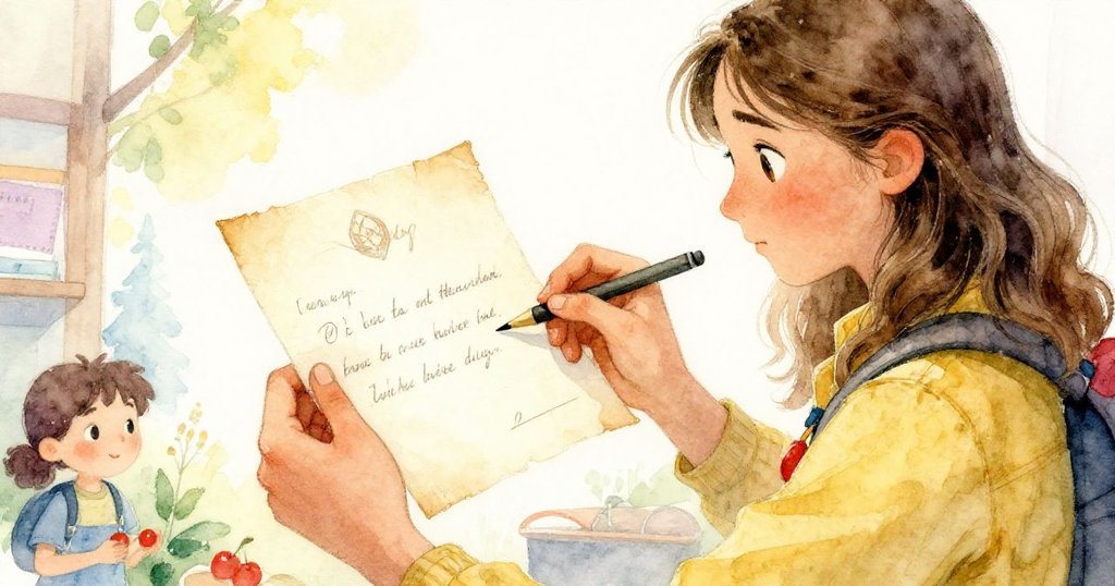 Anna 的雙手細緻地捧著導師留下的溫情信件，信上筆跡清晰，傳達出冒險前精心準備與堅定信念。