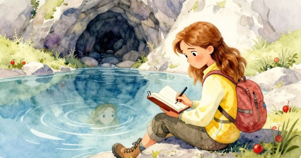 Anna 坐在山中清澈的池邊，凝視自己在水面上的倒影，記下心中點滴，神秘洞穴隱約成為背景。