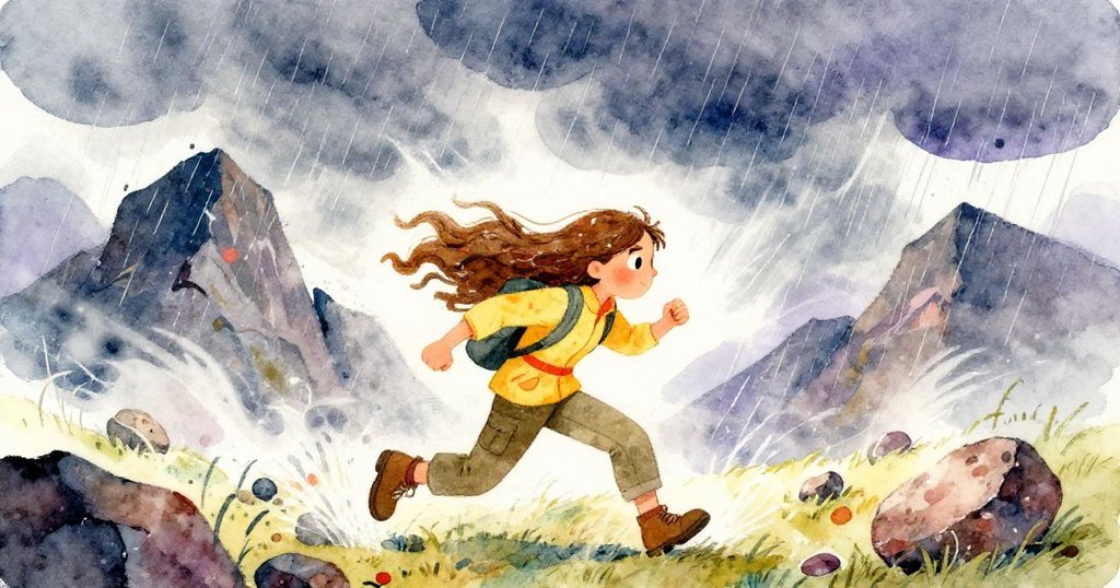 Anna 在狂風暴雨中奮力前行，面對滑石與大雨挑戰，神情堅毅展現無懼風暴中堅定的求生意志。