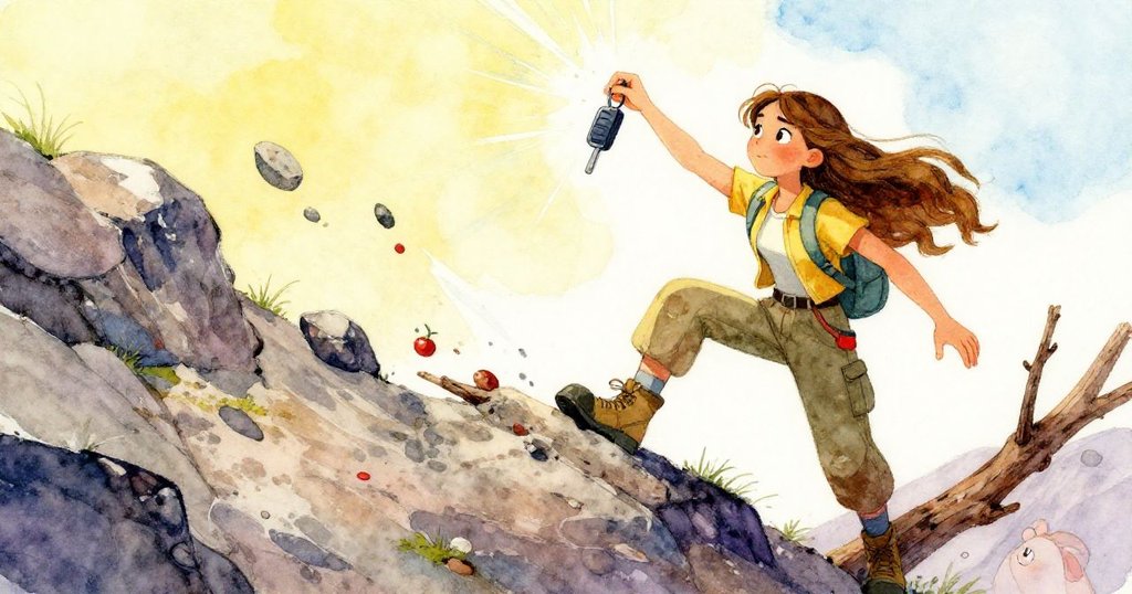 Anna 在險象環生的山嶺間驚險躍起，緊握車鑰匙與突現樹枝阻攔落石，展現出瞬間勇敢與生存本能。