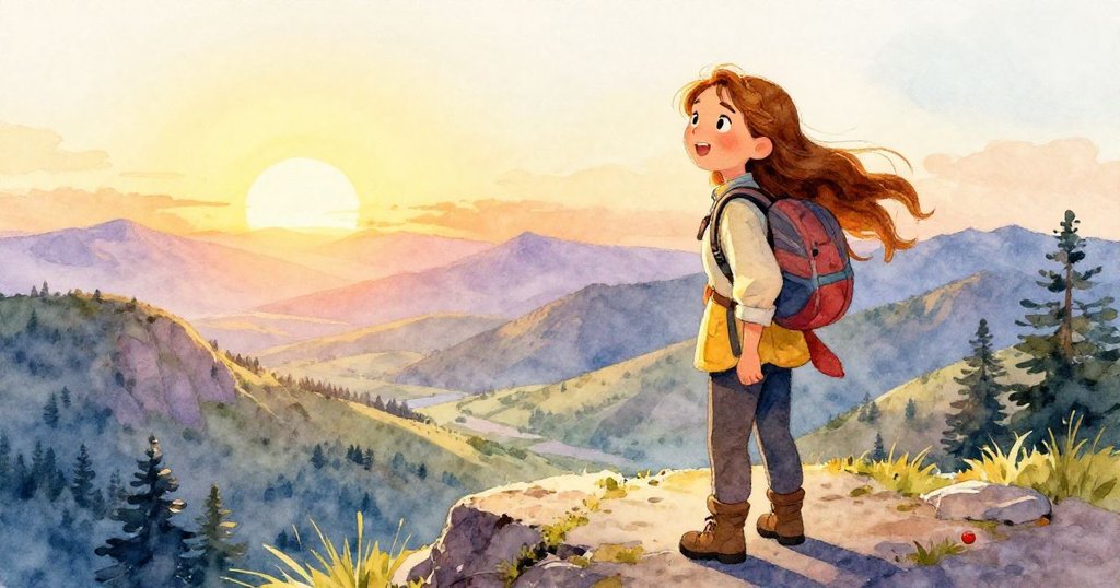 Anna 登頂後站在夕陽映照的山巔，滿臉欣慰微笑凝望壯麗遠景，體現冒險完成後的無比成就與內心平靜。