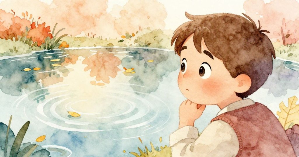 喬納森凝視池水中自己憂郁面容,水波映出秋林影響,流露內心矛盾與沉思。