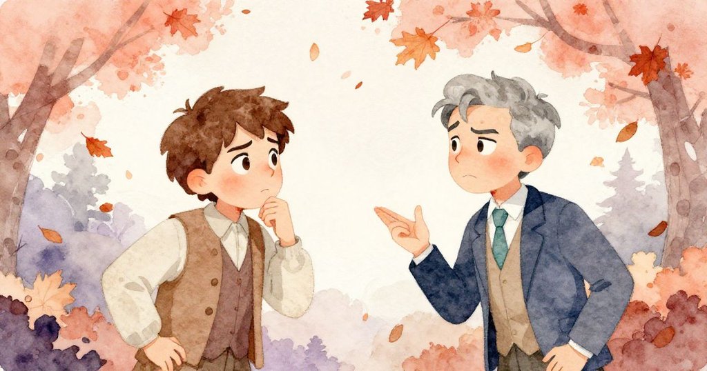 在秋風捲動的樹林中,喬納森滿懷決心揮手陳述真相,而相對的埃德蒙神情懷疑,爭執激烈。