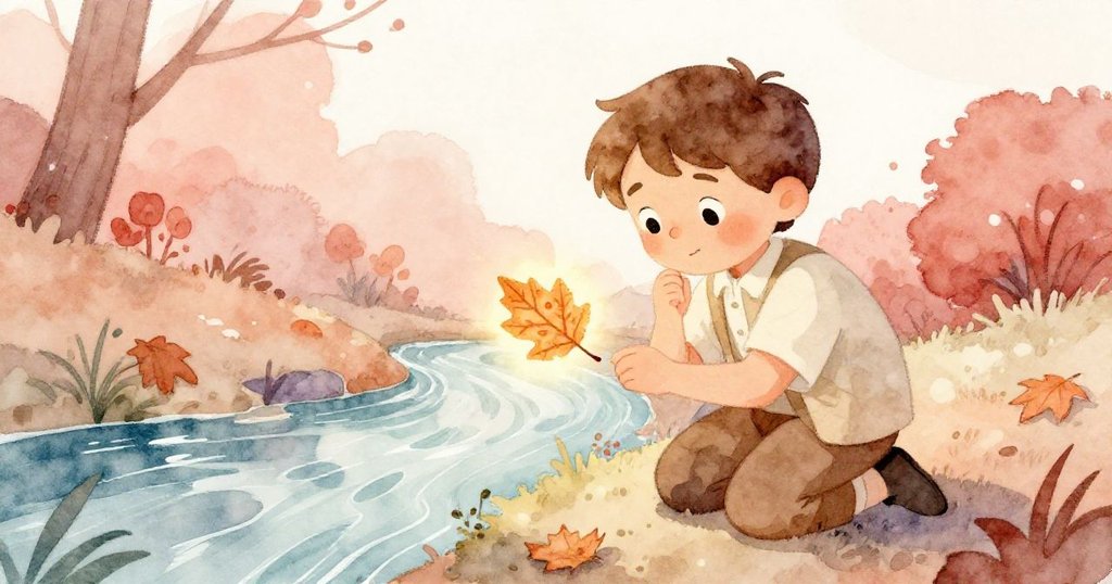喬納森蹲身於溪邊,發現一片獨特光輝秋葉,象徵真實與希望,眼神中流露新生喜悅。