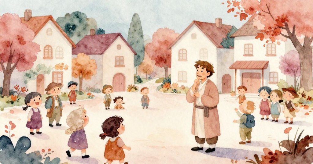 秋暮時分,喬納森在寧靜集會場中與村民互動,笑容與和平環繞,展現恢復真理與和諧的結局。