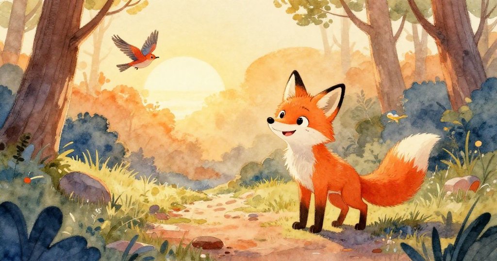 黎明時分，充滿熱情的狐狸在森林小徑上奔馳，迎著金色晨曦，背景中鳥兒自在飛翔，展現出全新的一天開始