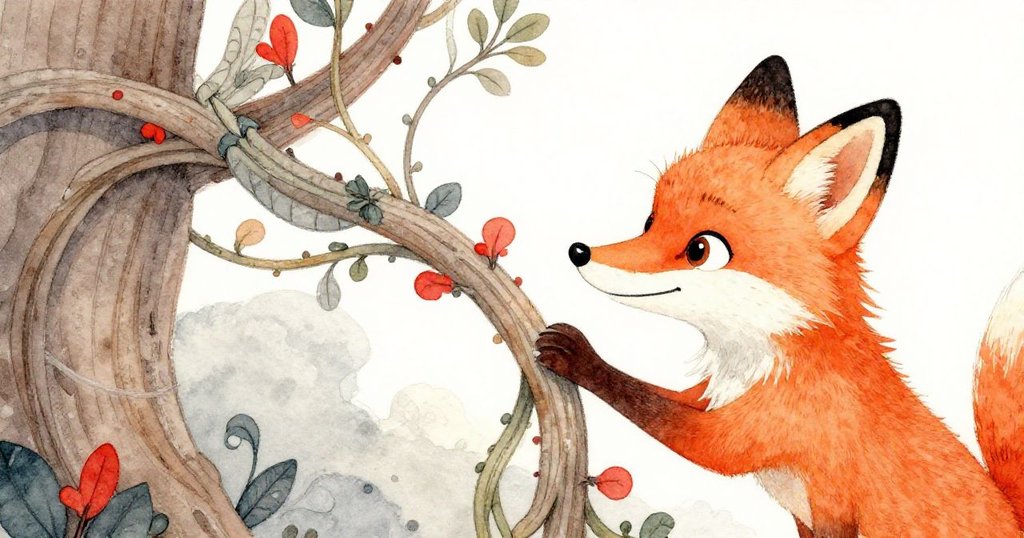 狐狸好奇地伸出毛茸茸的爪子輕觸一條蜿蜒盤旋的藤蔓，特寫展現出藤蔓細緻的紋理和狐狸專注神情