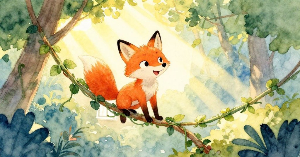 狐狸正攀爬長藤，透過樹葉縫隙灑下的陽光猶如窗戶般映照在牠身上，周圍鳥兒低鳴，使景色更顯魔幻