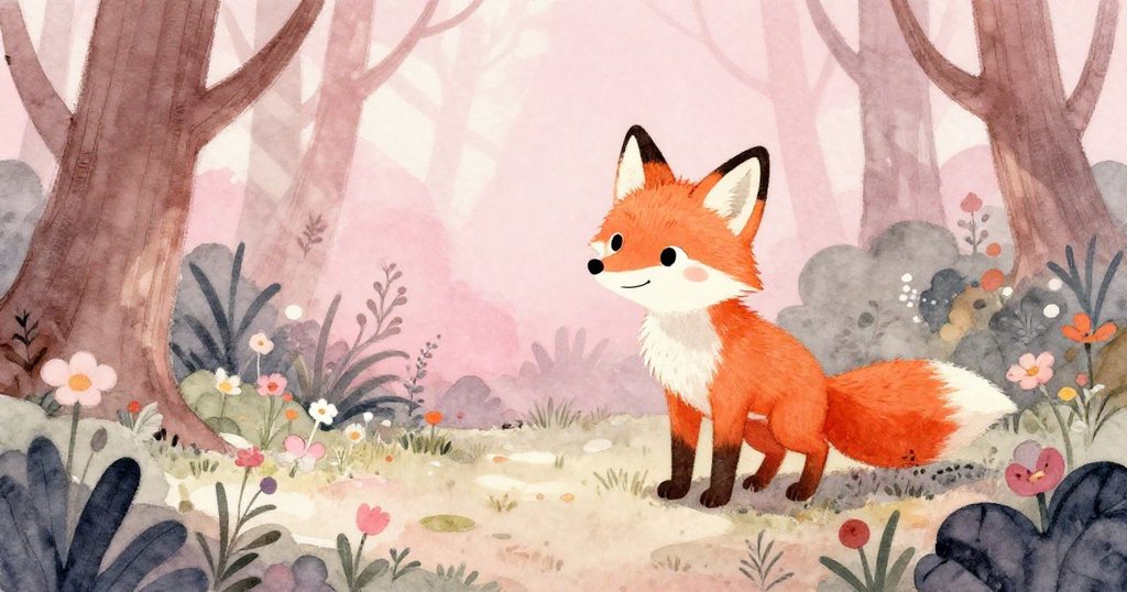 在隱秘的森林空地上，充滿好奇的狐狸暫停腳步，驚奇地環顧四周，野花和柔和光影營造出如家般溫馨的氛圍