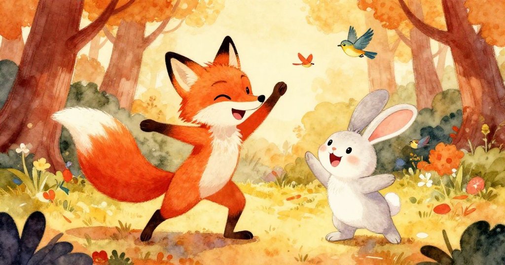 充滿活力的狐狸與牠快樂的兔子朋友在森林空地上共舞，鳥兒在樹枝間歡唱，動態展現出彼此間熱情互動的精彩瞬間