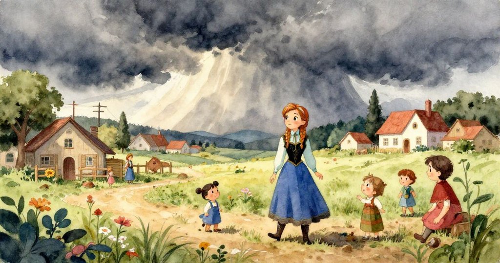 安娜從背後凝望漸聚的暴風雲，虔誠祈禱以迎接挑戰，表現出堅定與內省的情感。