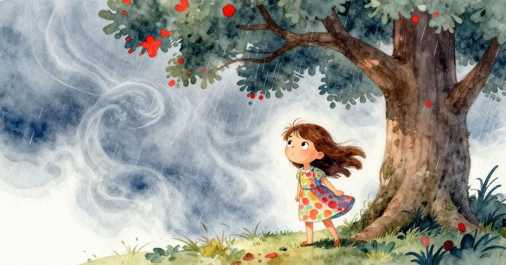 安娜在大雨中於橡樹下堅定避雨，隨著暴風激盪中鳥兒尋找庇護，營造出激烈與希望交織的氛圍。