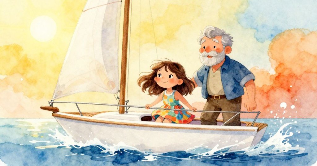 安娜與好心鄰居乘遊艇揚帆出海，隨著輕柔浪花和陽光透過雲隙，共享愉悅與希望的洋溢時刻。