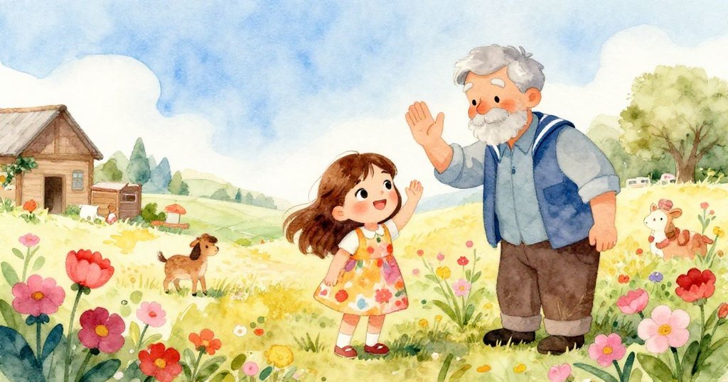 安娜與鄰居在恢復生機的有機農場中歡欣揮手告別，花海與動物圍繞映襯著晴朗藍天，呈現幸福與友誼的完美結局。