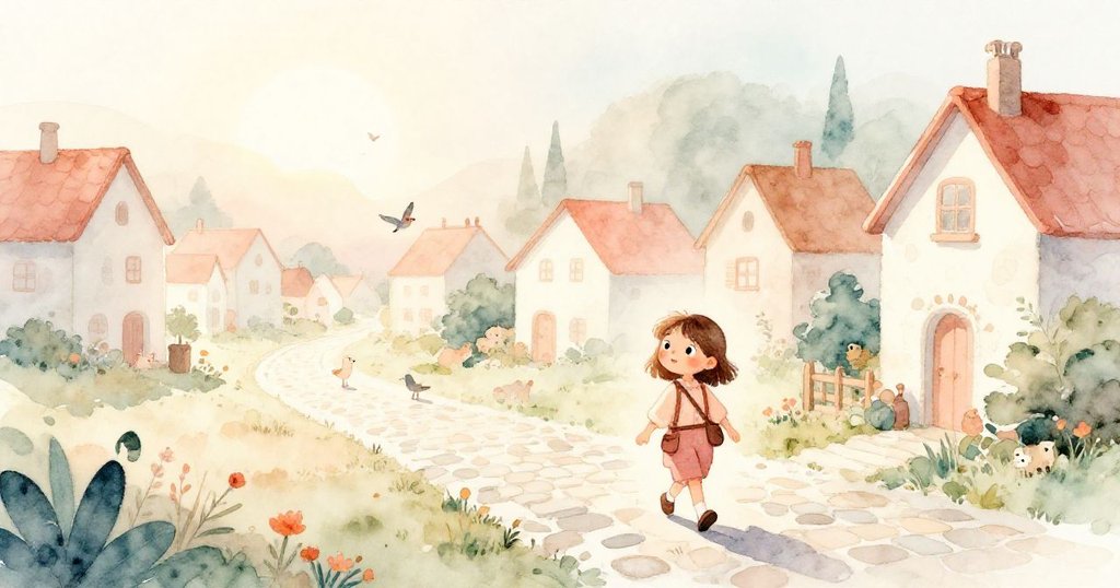 在晨曦中,好奇的Mia身著探險服走過寧靜村莊,周圍有小動物和古老建築,展現故事開端