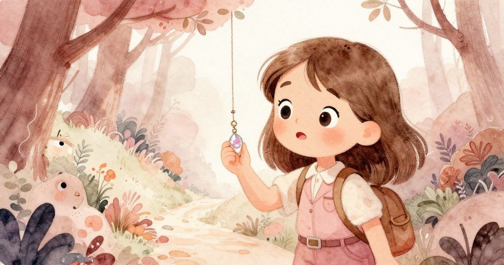 特寫Mia驚喜與緊張的表情,她伸手觸摸發光的小巧魔法護符,展現對隱秘傳說的好奇