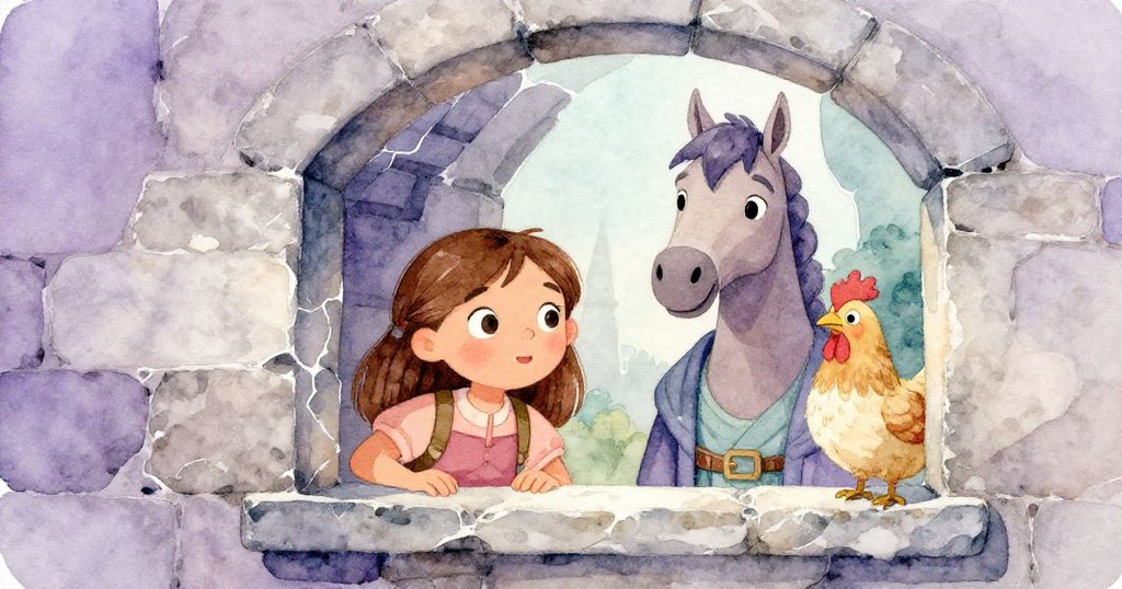 Mia透過破碎石窗凝望遠方,她發現守護古蹟的半人馬與旁邊靜臥的智者母雞,展現探索新境界