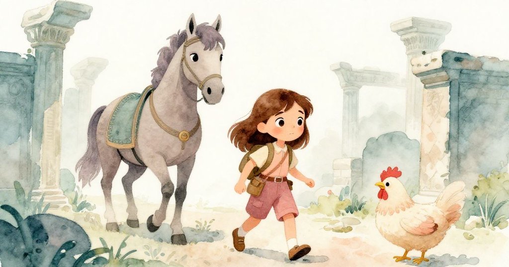 在守護下,Mia勇敢前行並觸摸古老符咒,半人馬與智者母雞陪伴在旁,展現團結與信心