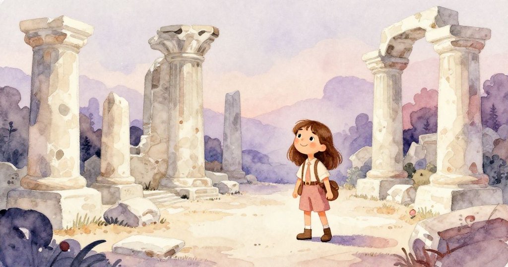 平靜的黃昏中,Mia站於古蹟前微笑迎向未來,古老遺跡與柔和光線映出希望與成長,呈現故事尾聲