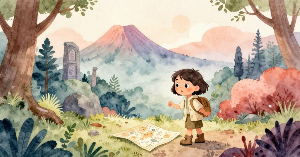 艾芙琳在火山區廣闊的森林中發現隱藏的古老地圖跡象，環境充滿晨曦暖光和生機，展現冒險起程的期待。