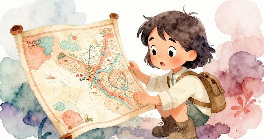 艾芙琳凝視著那摺疊的古地圖，臉上充滿好奇與驚奇，手指輕輕觸碰著上面的神秘符號，細節豐富。