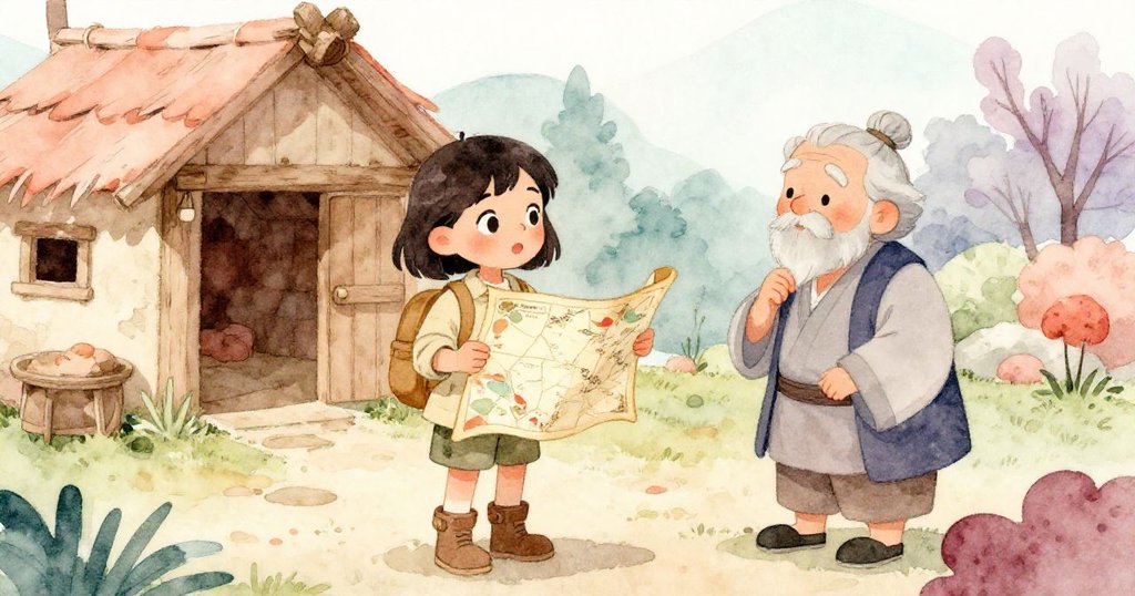 艾芙琳從背後注視著當地傳統學者，兩人圍繞著古地圖展開熱烈討論，背景展現鄉村小屋與和藹村民的溫暖氛圍。