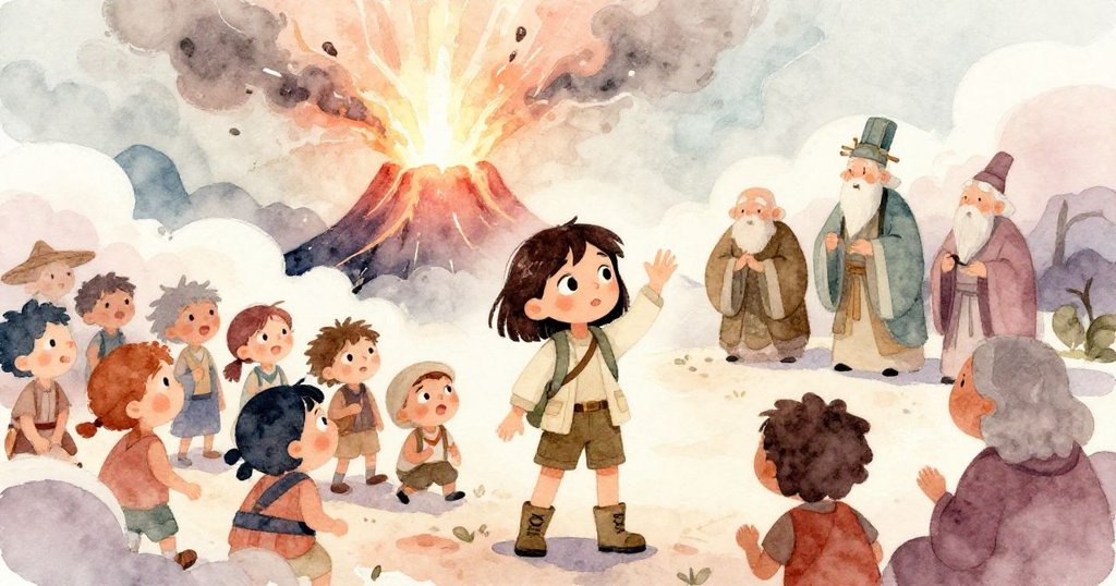 火山突然噴發，濃密灰煙籠罩天空，艾芙琳指揮驚慌村民，同時古老長者舉手施行恢復平衡的儀式，場面緊張動感。