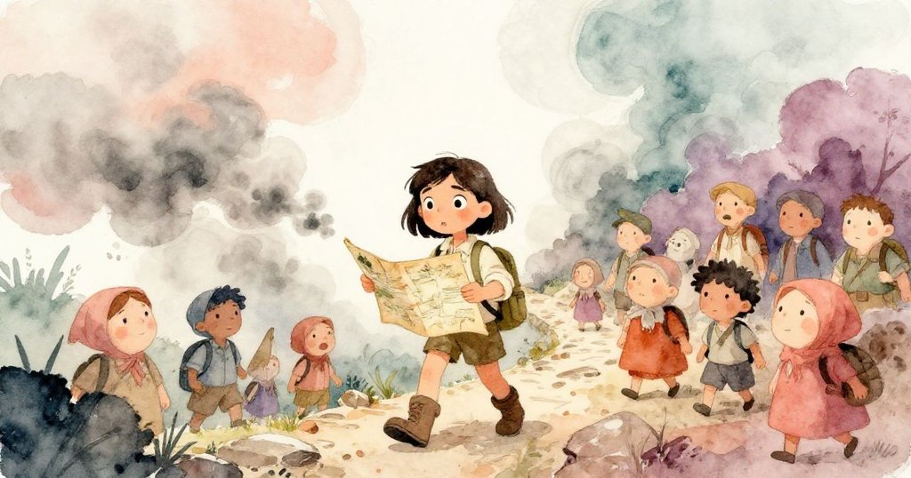 艾芙琳在隱秘崎嶇的石徑上奔跑，引領村民逃離火山噴發的威脅，手中緊握古地圖，展現堅定的決心與迫切。