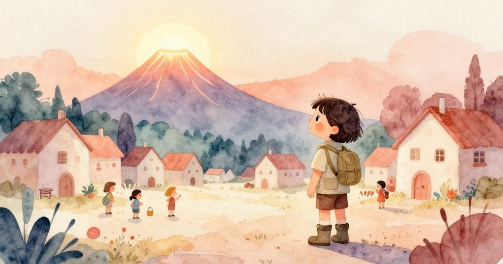 夕陽餘暉中，艾芙琳靜立回望經歷的蛻變之旅，村民滿懷溫情送別，遠處火山輪廓在金光中顯得格外寧靜。