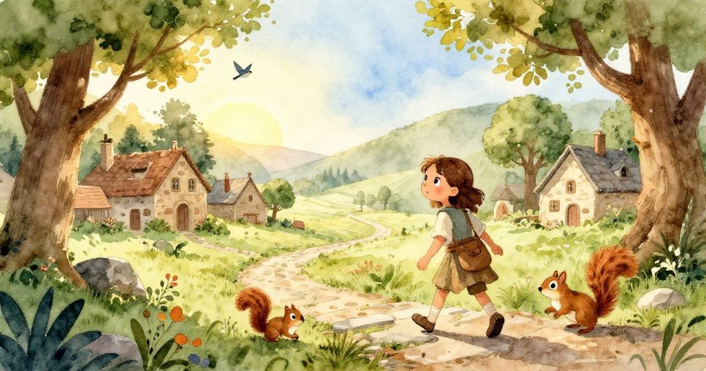 在晨光映照下,年輕的 Leona 從古樸村莊踏出,與橡樹間的小松鼠互動,展現她追夢的熱情。