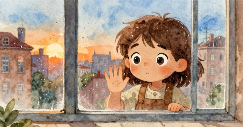 Leona透過雨滴覆蓋的窗戶凝視繁忙的都市景象,手觸窗玻璃傳遞出探索未知的好奇心。