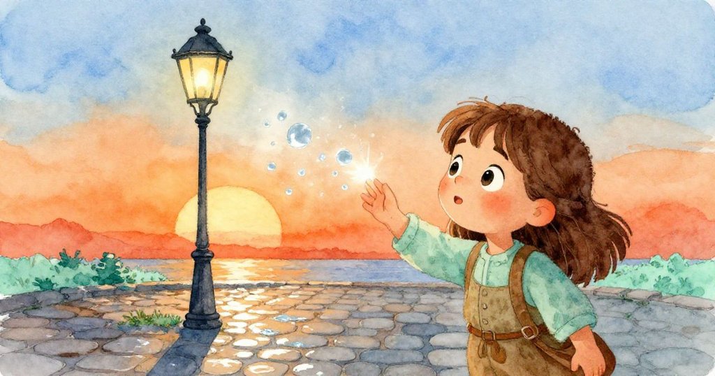 Leona 在安靜的城市角落細看古老路燈,燈光映出銀白光彩,她輕觸燈體,傳遞出面對變化的希望與勇氣。