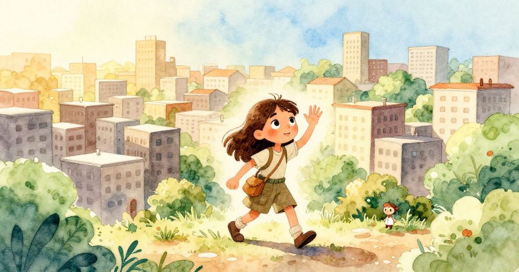 Leona 在柔和晨光中離開喧囂的城市,揮手告別舊旅程,滿懷希望邁向新的命運,畫面充滿溫暖與堅定。