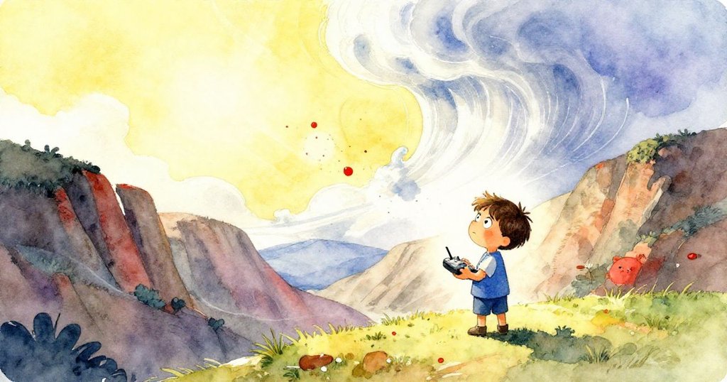 Sam穿著藍色衣服站在寬闊山谷中，面對著翻湧狂風暴雨，天空與雲層動感交織，彰顯守護者的責任與決心。