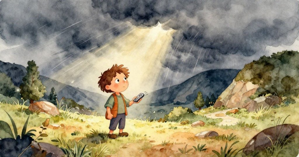 Sam穿藍衣的手部特寫，緊握著發光遙控器，指尖輕觸按鍵，細膩刻劃掌控風暴的關鍵時刻。