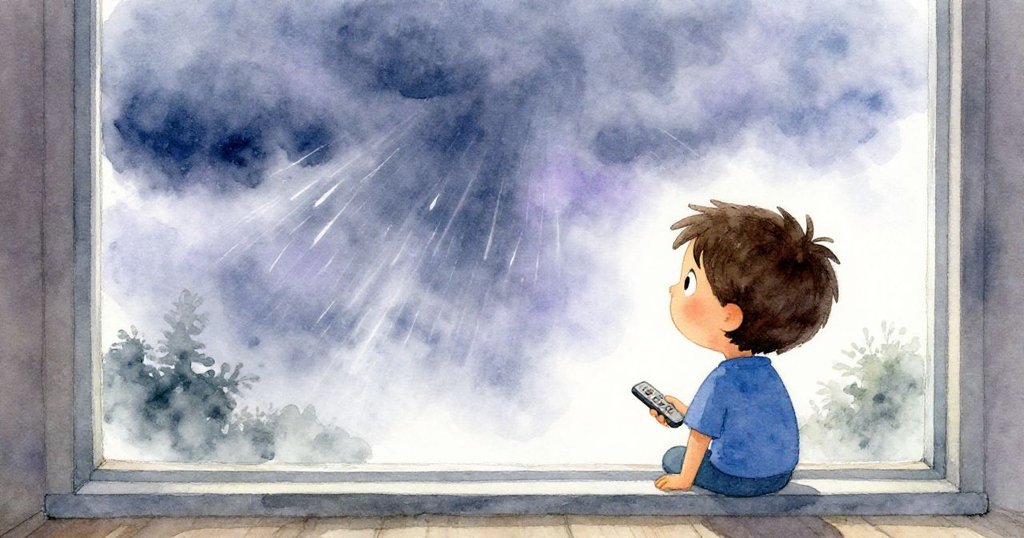 Sam透過朦朧的窗玻璃望向狂舞風暴，內心充滿迷茫與堅定，室內與室外情境形成鮮明對比。