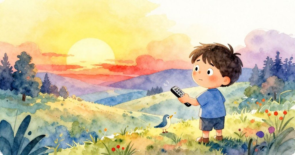 在金色夕陽映照的山谷裡，Sam滿懷溫情微笑著，手中遙控器象徵著力量，小鳥鳴唱中展現出重獲寧靜的生命韻律。